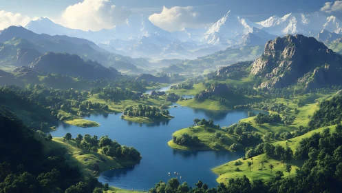 Sunlit lakes wind gently through emerald valleys and peaks