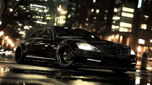 Midnight luxury coupe prowls through rainlit neon streets.