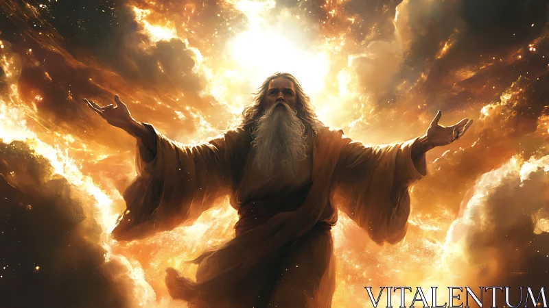 Radiant robed deity rises amid blazing celestial clouds