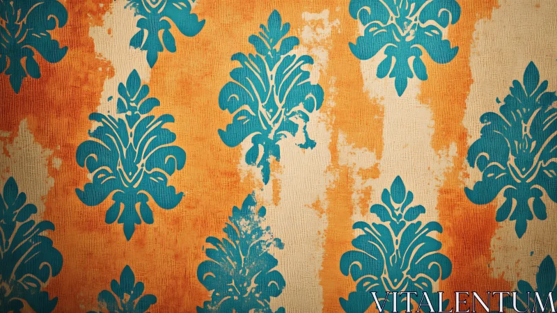 Distressed teal damask pattern over orange striped textured wall