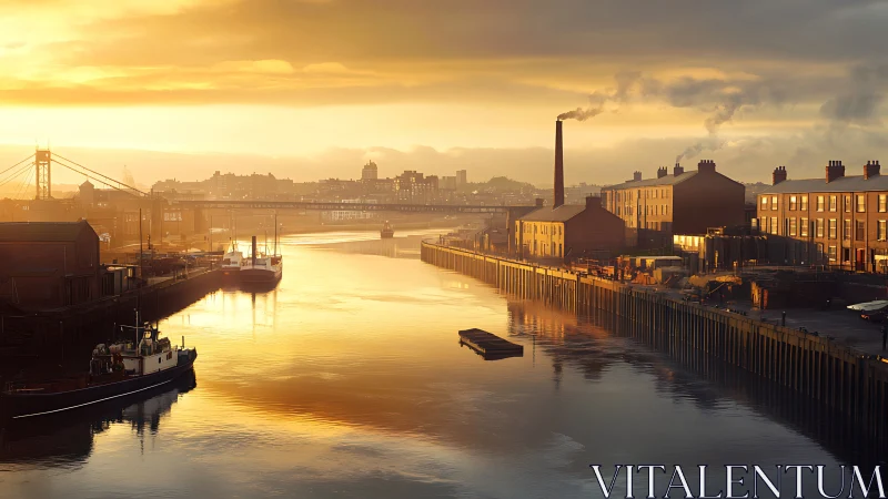 Industrial riverside skyline glows under warm sunset haze