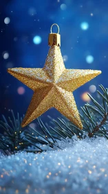 Golden glitter star ornament hangs above frosted fir branch