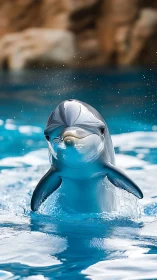 Playful dolphin rises from bright blue water with a splash