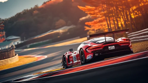 Red race car on autumn circuit corner at sunset light.