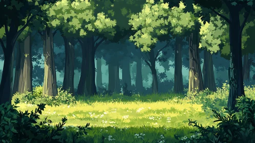 Sunlit Forest Clearing with Ancient Trees.