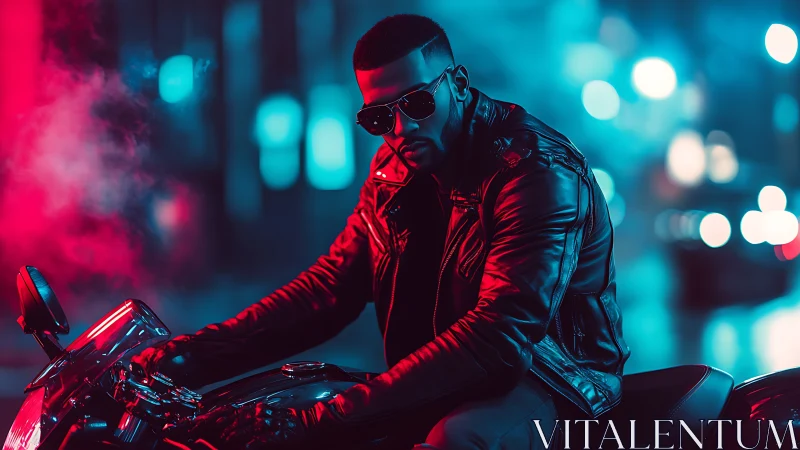 Neon-lit biker in black leather under moody city lights.