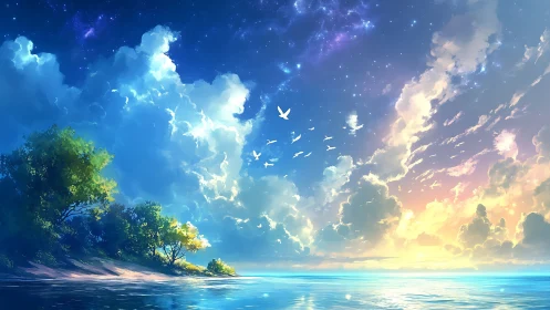 Dreamy seaside sunrise bathes clouds and calm ocean in light