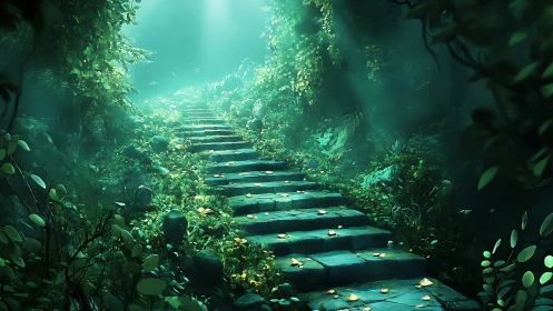 Luminous stone stairway ascending through enchanted forest.