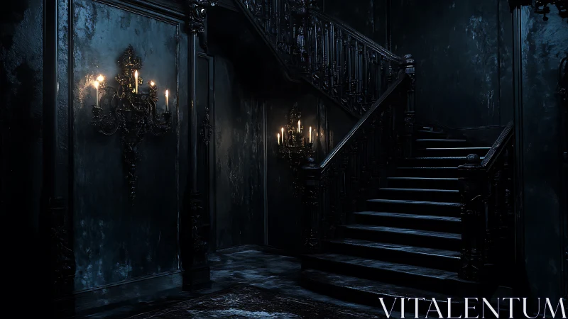 Dimly lit gothic staircase in dark interior hall.