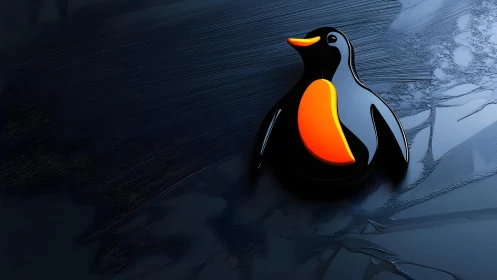 Glossy Cartoon Penguin on Abstract Icy Blue Background, Digital Art.