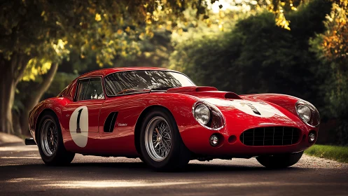 Classic red race car gleams under soft tree-filtered sunlight.