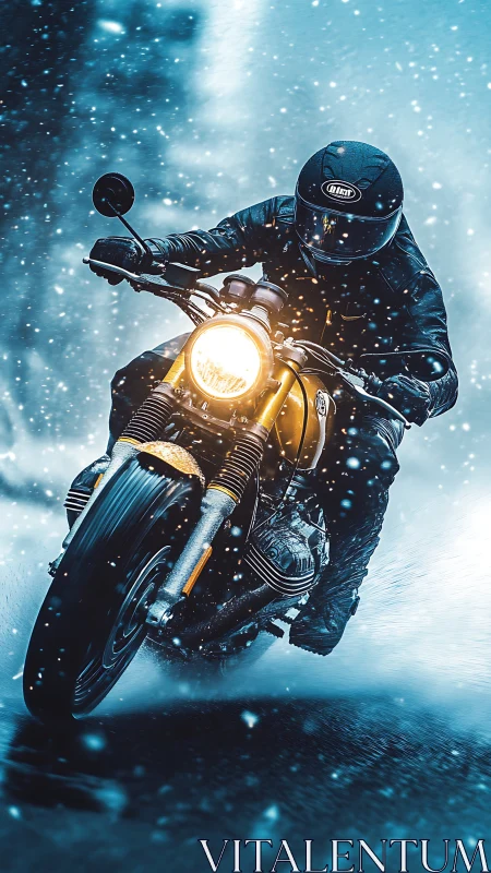 Motorcyclist riding on wet road surface in heavy snowfall.
