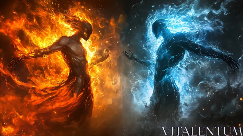 Elemental titans collide in blazing fire and frozen storm.