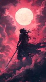 Lone swordmaster silhoutte under vast crimson moon.