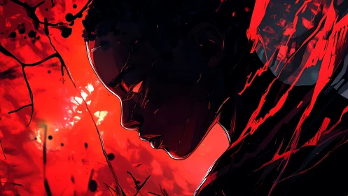 Silhouetted profile in crimson storm of abstract anguish.