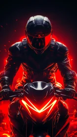 Cyberpunk rider on neon motorcycle, high-contrast portrait.