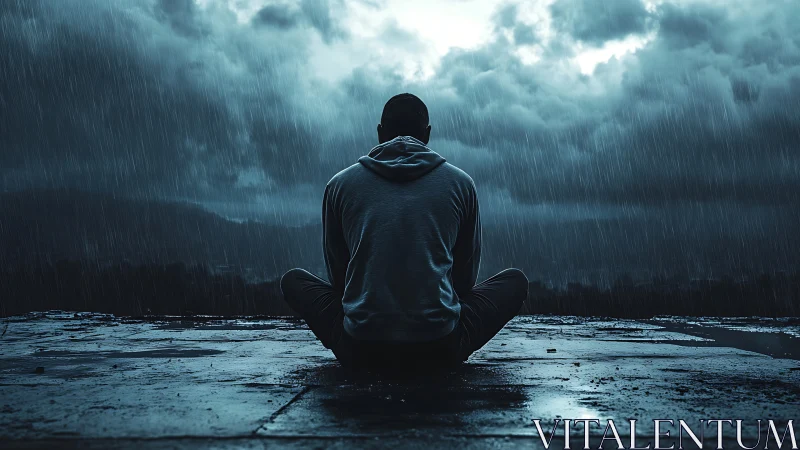 Solitary man in hoodie sitting in rain under dark sky.