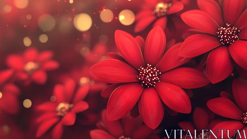 Red Digital Florals with Golden Bokeh Luminescence.