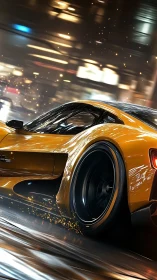 Golden hypercar drifting through neon city streets at night.