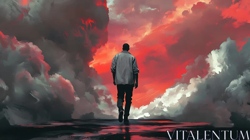 Solitary figure walks toward dense red and gray cloud field