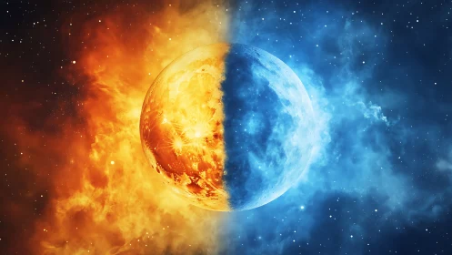 Celestial coin spins between solar fire and frozen starlight