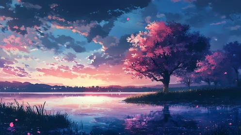 Sunset lake with cherry trees rendered in vibrant atmospheric perspective