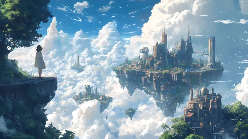 Girl overlooking vast floating sky city among clouds.