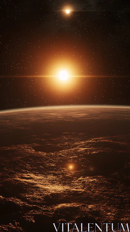 Twin suns over rocky alien horizon in deep space.