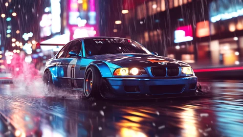 Blue drift car charges through neon city streets in rain