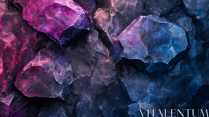 Neon lit mineral rock wall with faceted textured surfaces.