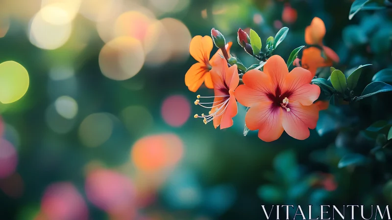 Orange hibiscus flowers with blurred bokeh background.