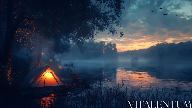 Lakeside camping tent glows beside misty dawn water.