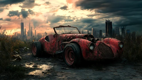Rust-torn roadster brooding at the edge of a wounded city.