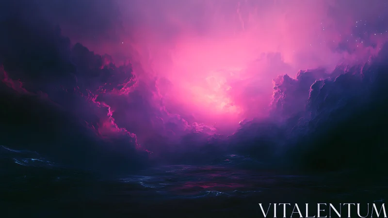 Nebula storm ignites a surreal magenta ocean horizon glow.