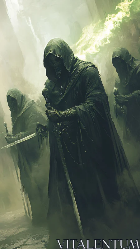 Hooded wraith knights advance through spectral green fog.