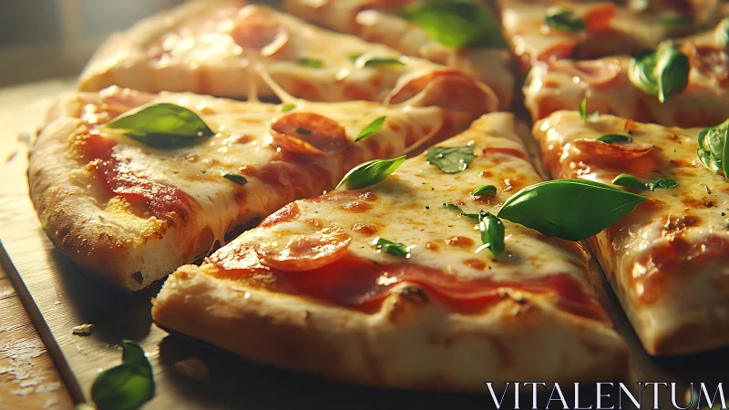 Golden slices of cheesy pizza fresh from the oven.