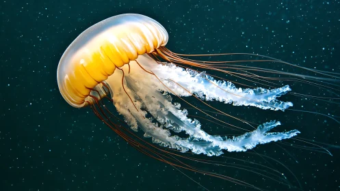 Golden jellyfish drifts through deep teal ocean waters.