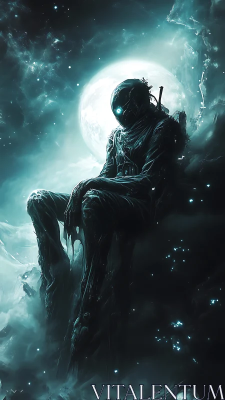 Lone cosmic wanderer rests in eerie moonlit nebula void