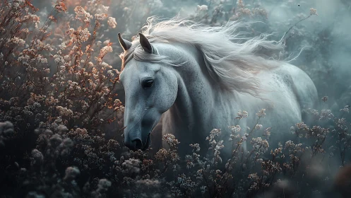 White horse among misty wildflowers in dreamy light.