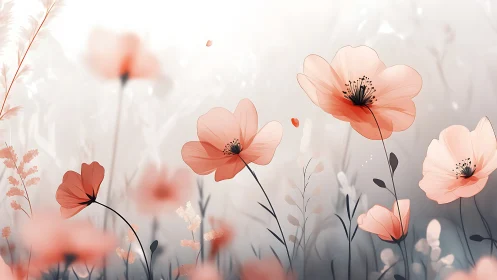 Translucent Poppy Field in Soft Gradient Bokeh. Artistic Floral Rendering.