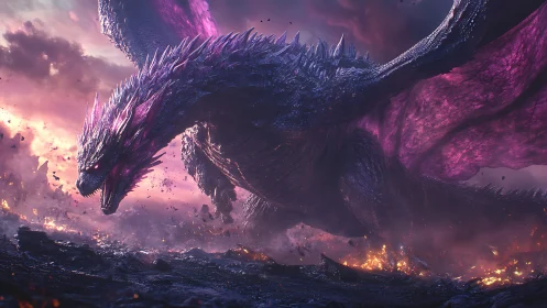 Iridescent dragon rendered in high-detail 3D over volcanic wasteland