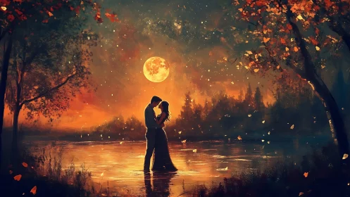 A Romantic Moment Beneath the Golden Moon Over Still Waters