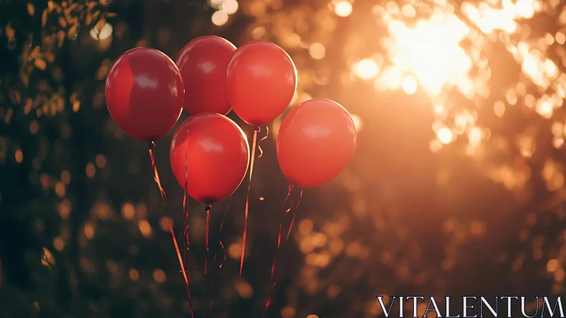 Translucent Red Balloons Suspended Against Bokeh-Saturated Golden Hour Ambient.