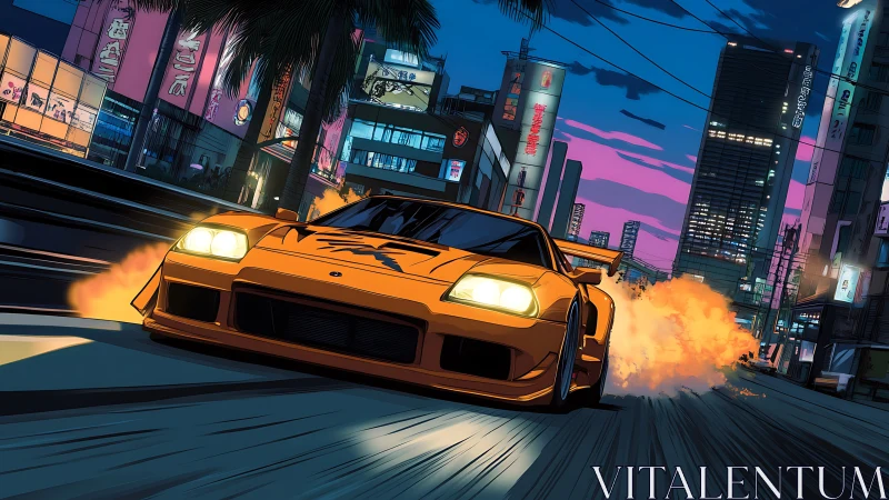 Orange sports car drifting through neon night city street.