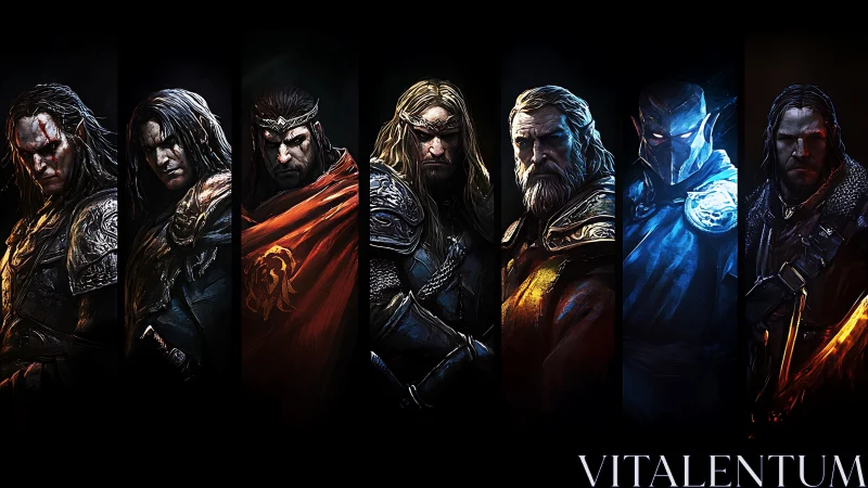 Seven shadowed champions framed in burning color bands.