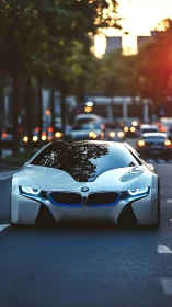 Futuristic BMW sports car glides through glowing city dusk
