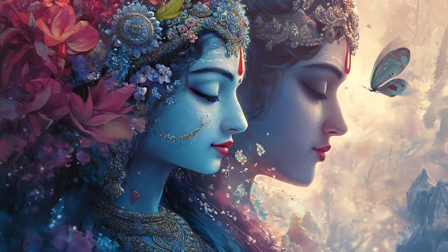 Two blue-skinned women in ornate floral crowns face profile