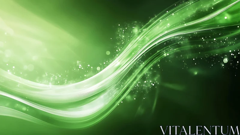 Abstract green waves and sparkles digital background art style.
