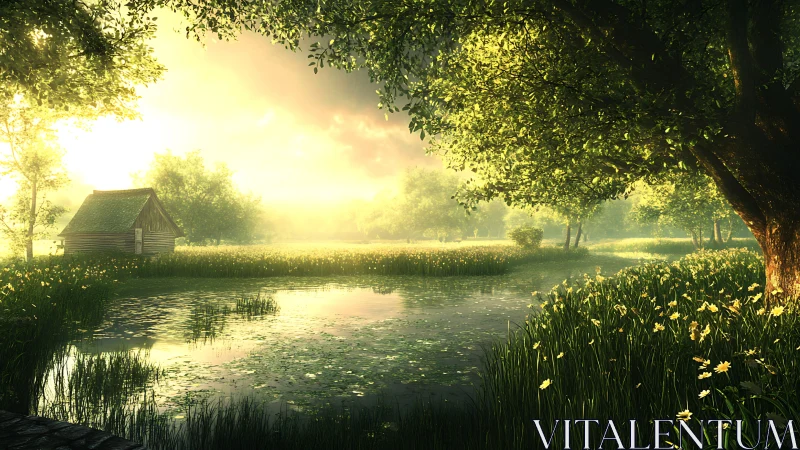 Sunlit riparian meadow with reflective pond and timber cottage.