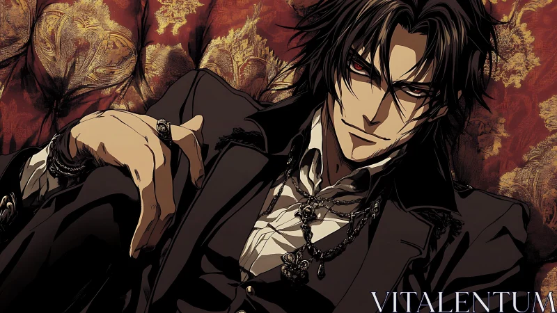 Velvet-eyed vampire lounging in richly patterned shadows.